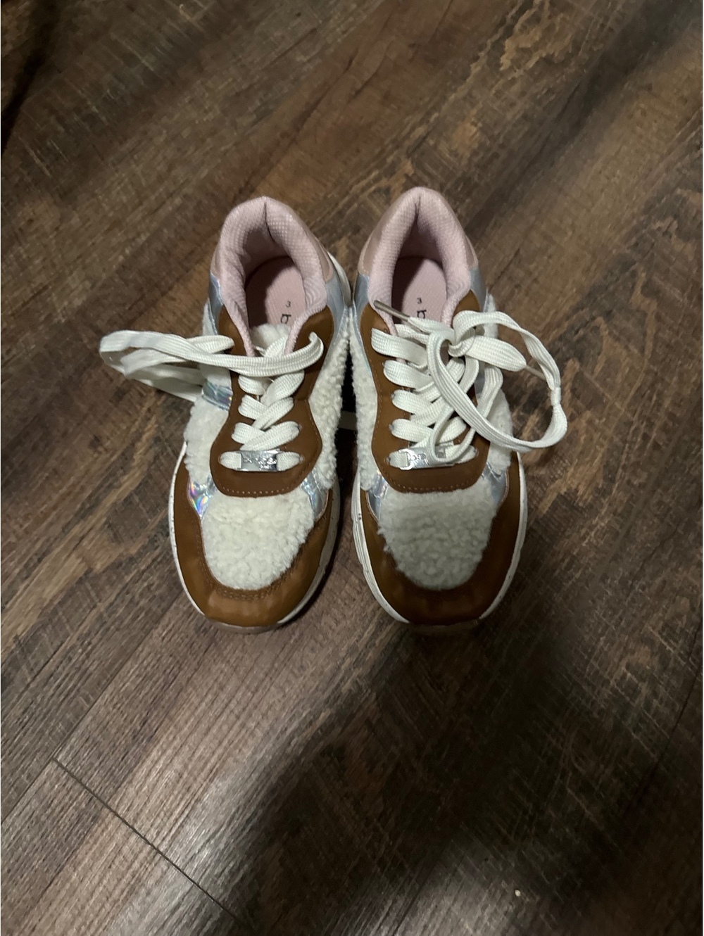 Bebe Girls Size 3 Brown and White Faux Shearling Sneakers with Iridescent Detail